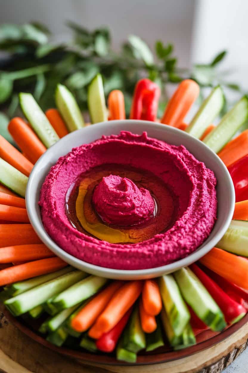 Indoor photo of magenta beet hummus in a shallow bowl, drizzled with olive oil and surrounded by vegetable sticks. No text or logos.