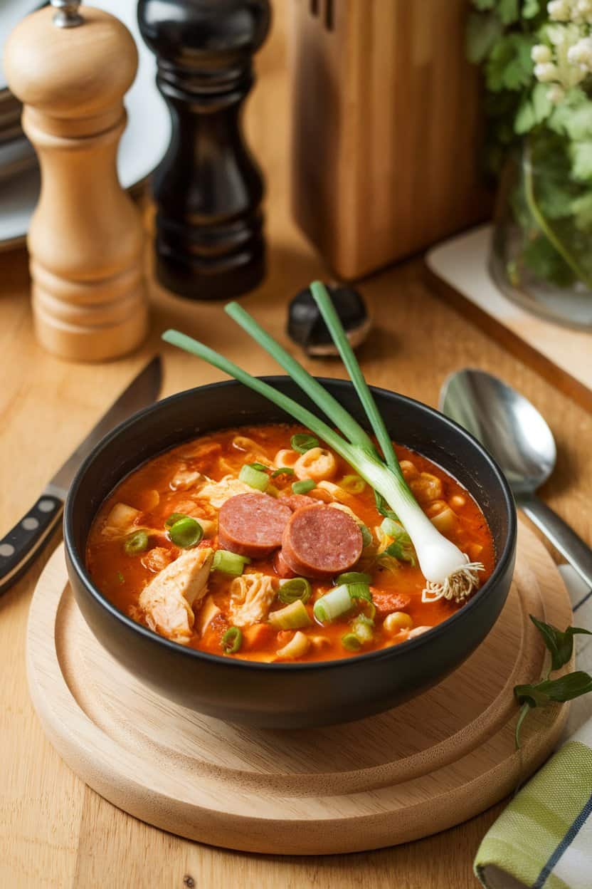 Indoor kitchen table depicting a bowl of spicy chicken jambalaya soup with sliced sausage and green onions; no text or logos.