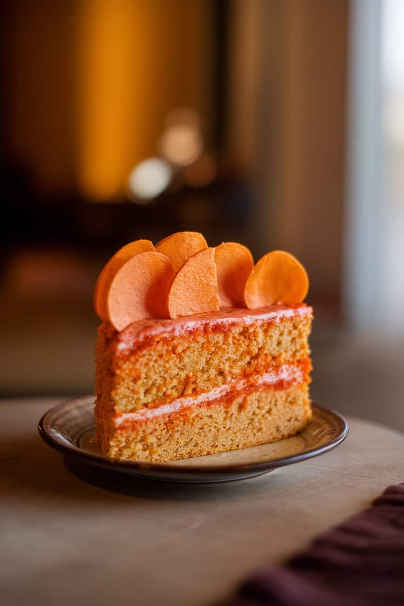 An indoor slice-of-cake shot showing a golden crumb topped with thin blood-orange rounds on a small plate; no text or logos.