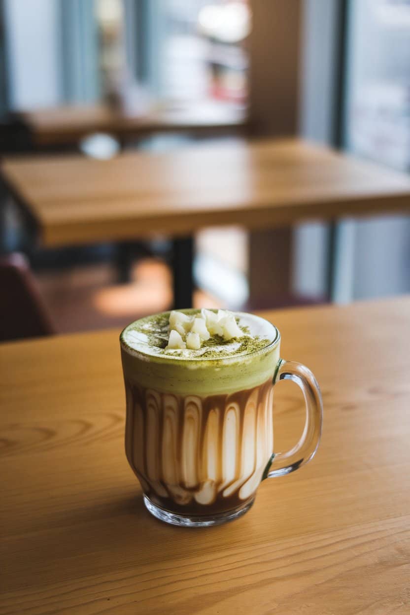 Indoor café scene with a glass mug of creamy matcha mocha, white chocolate shavings melting on top, no text or logos. Photo