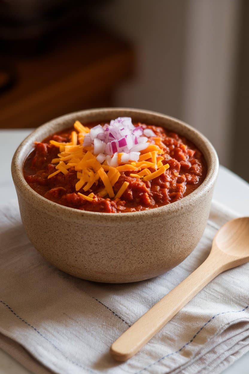 A stoneware bowl indoors filled with thick beef chili topped with shredded cheddar and diced red onion. A spoon rests on a linen napkin, no branding visible.
