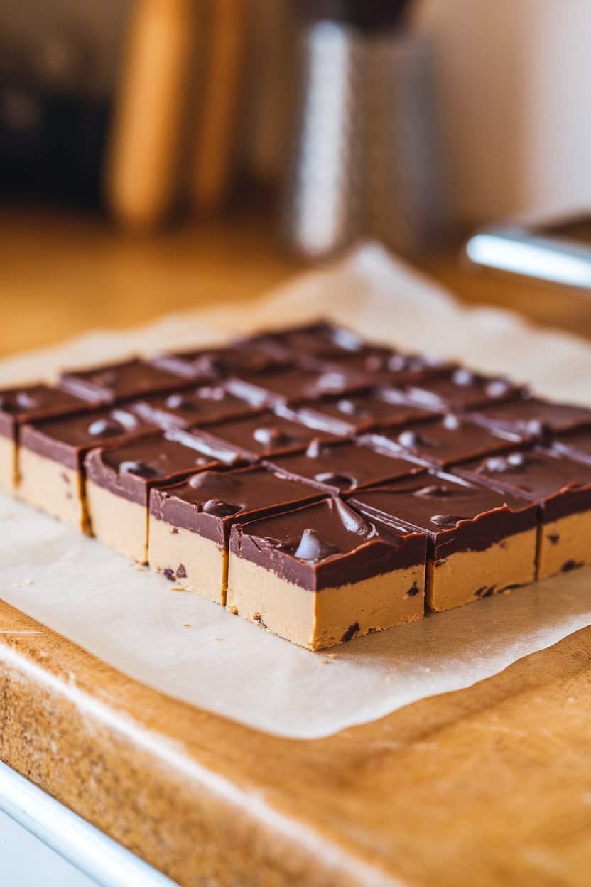 Photo: Neatly cut squares of two-layer almond butter and dark chocolate fudge on parchment, indoor countertop, no logos.
