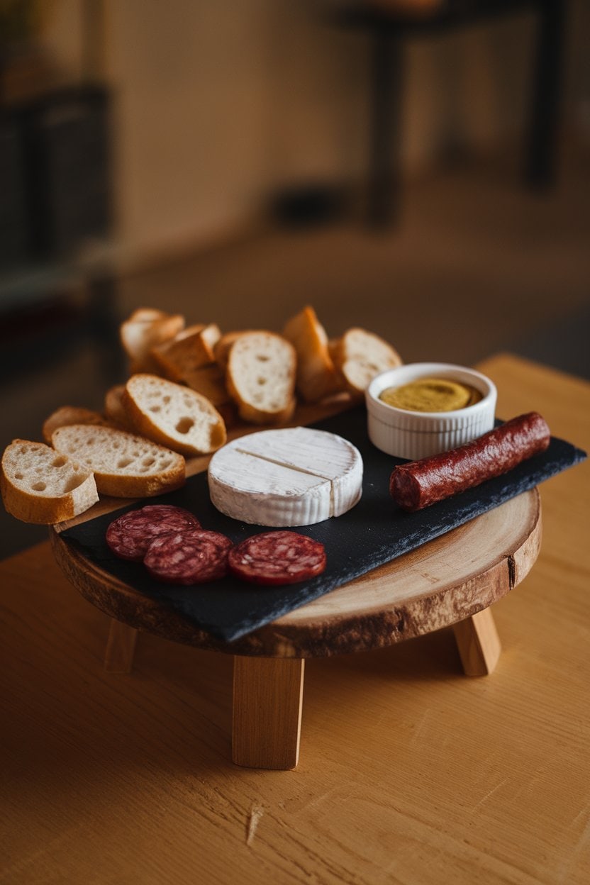 Indoor photo of a slate board with camembert, saucisson sec, cornichons, baguette slices, and a ramekin of Dijon mustard; cozy café lighting, no text or logos