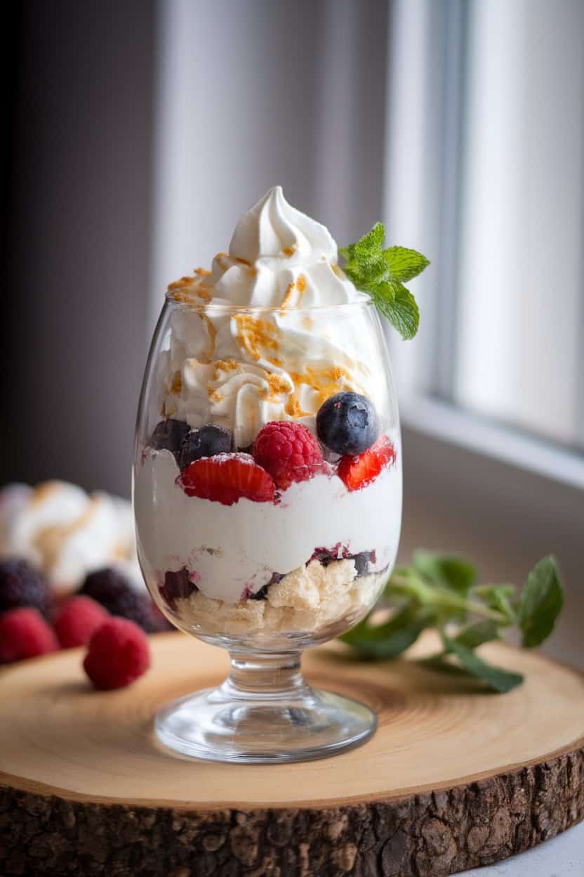 Indoor parfait glass layered with crushed meringue, mixed berries, and Irish cream-laced whipped cream, subtle window light. No text or logos present. Photo only.