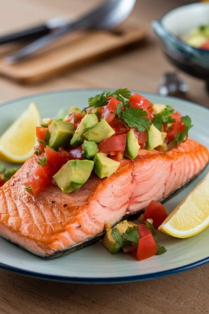 Photo of an indoor plate with seared salmon topped with chunky avocado, tomato, and cilantro salsa. No text or logos shown.