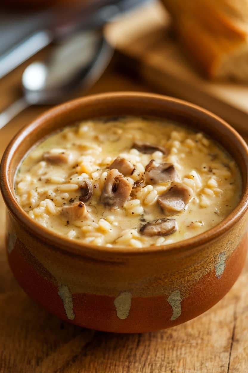 Warmly lit indoor scene showing a ceramic bowl of creamy chicken and wild rice soup with visible rice grains and diced mushrooms; no text or logos.