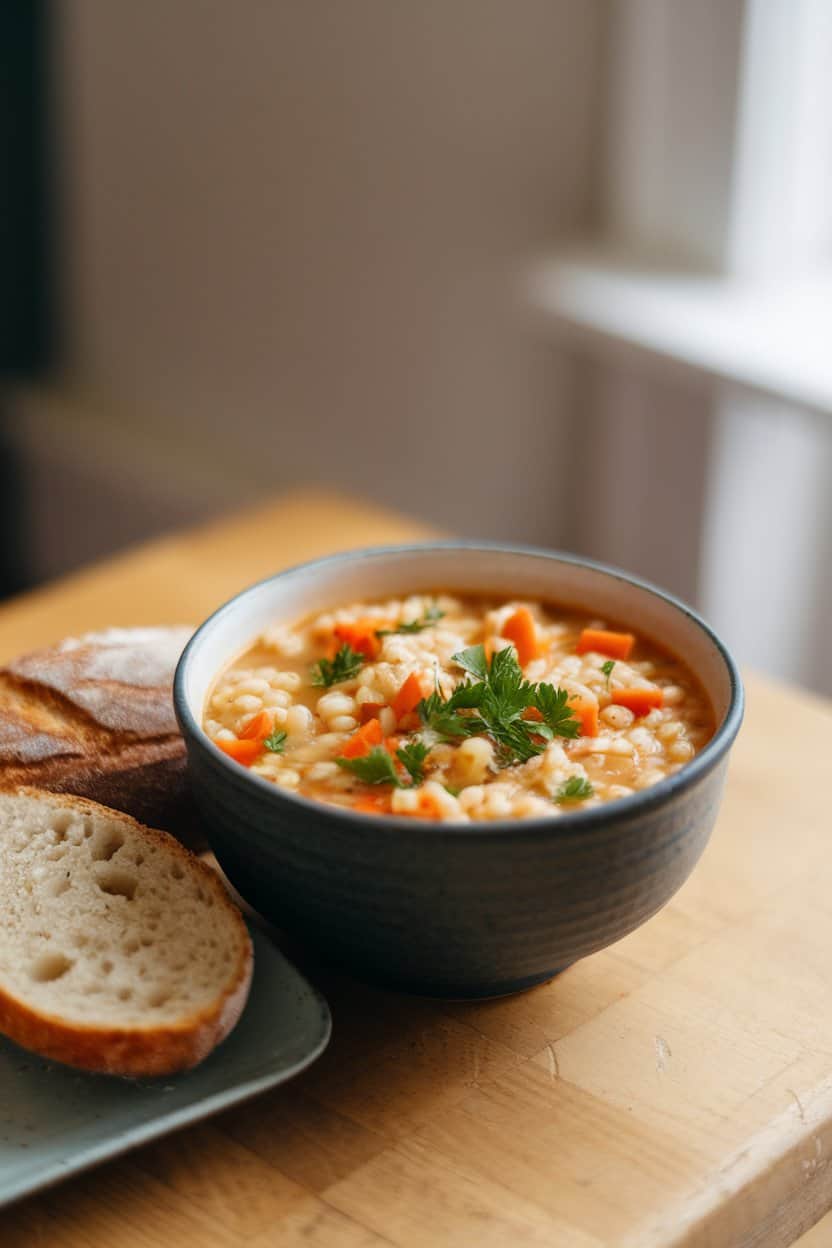 Indoor setting with a bowl of hearty chicken barley soup showing pearl barley, carrots, and parsley; no text or logos.