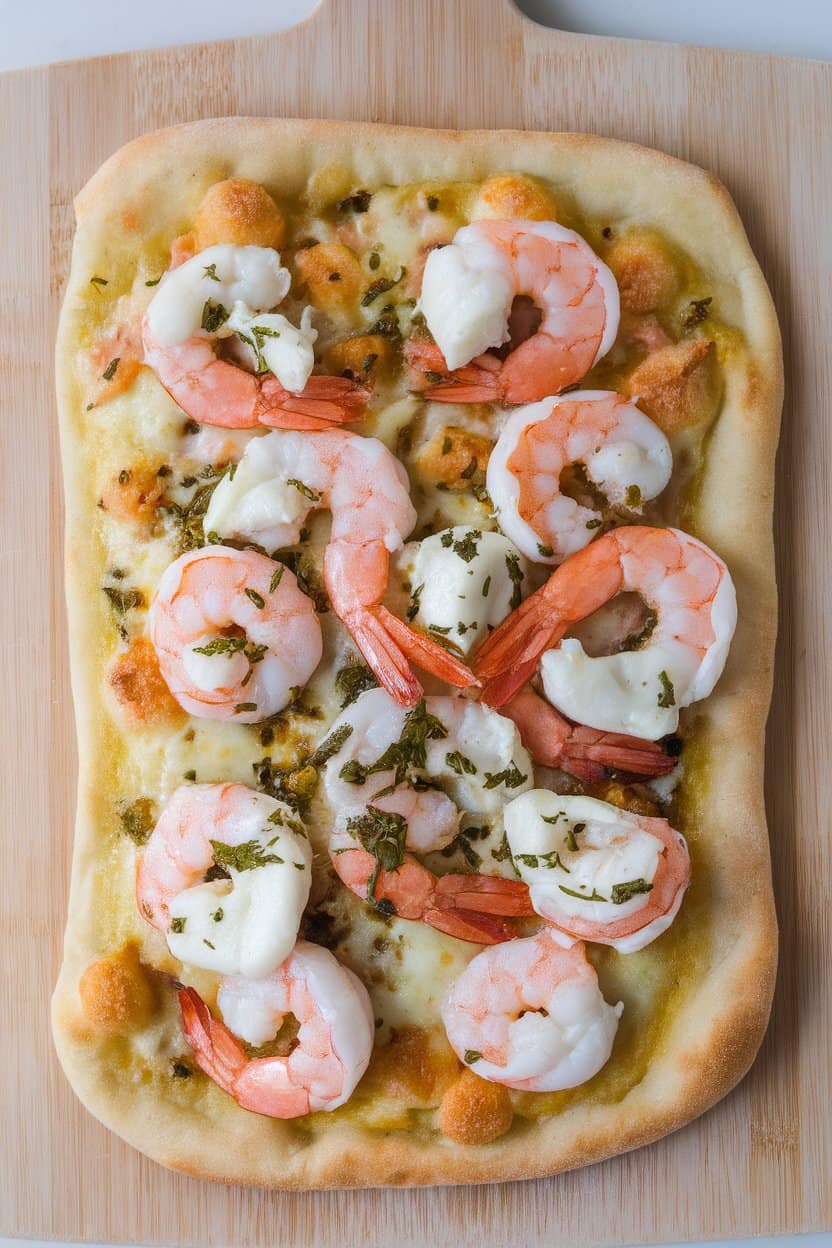 Indoor pizza board displaying flatbread topped with shrimp, mozzarella, and mixed herbs, baked golden. No text or branding visible.