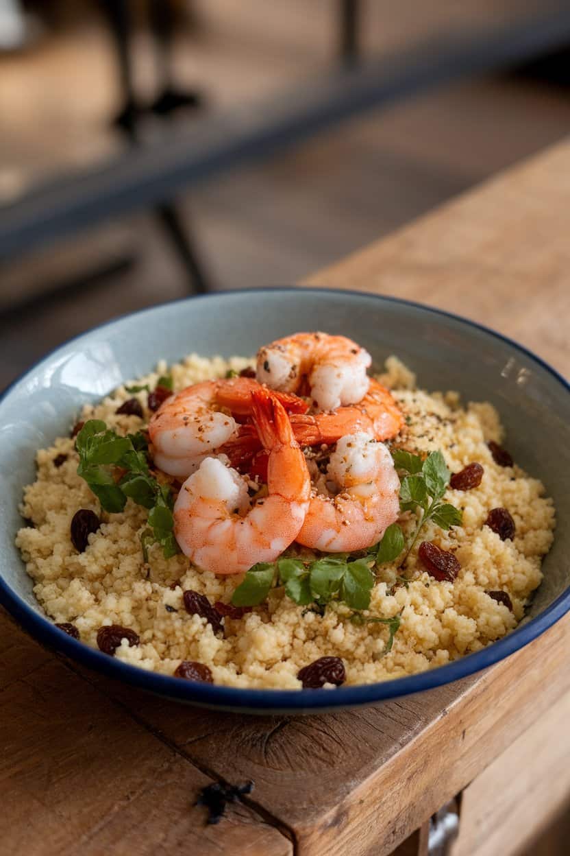 Photo of a shallow indoor bowl with couscous studded with raisins and herbs, topped by harissa-spiced shrimp. No text or logos visible.