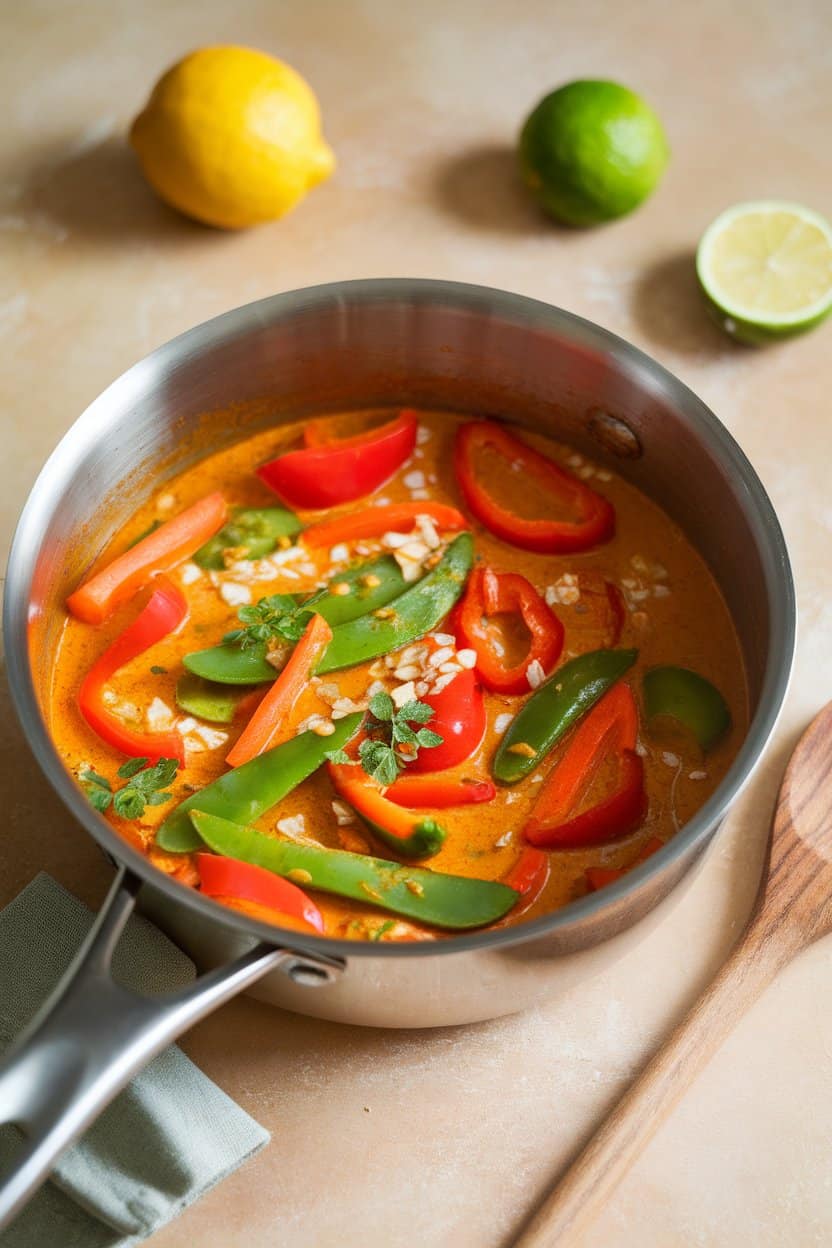 An indoor saucepan bubbling with coconut milk-based red curry full of bell peppers, snap peas, and carrots. No logos or text; photo only.