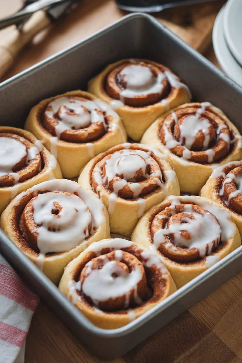 Indoor image of mini cinnamon roll pieces in a baking dish, drizzled with vanilla glaze, no text or logos.