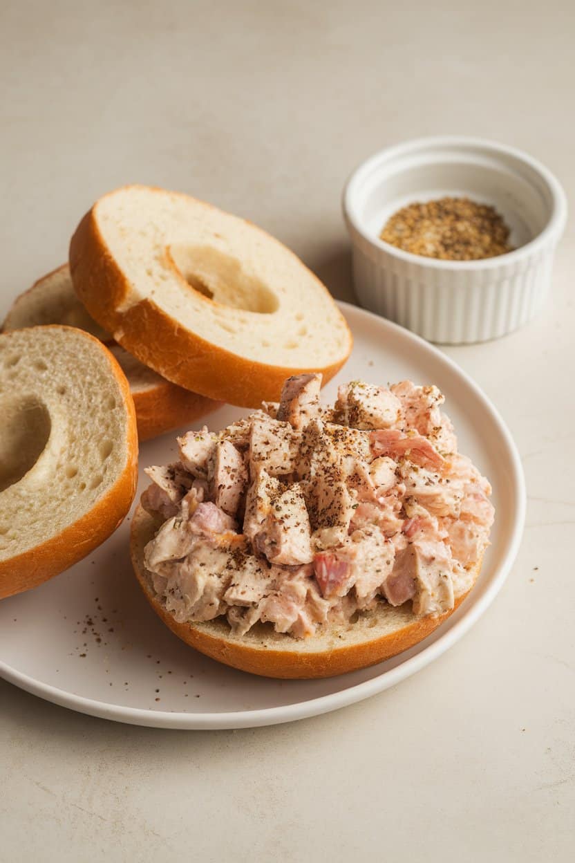 Indoor photo of chicken salad flecked with “everything” seasoning, spoon resting in a small ramekin beside sliced bagel halves, neutral background—no text or logos