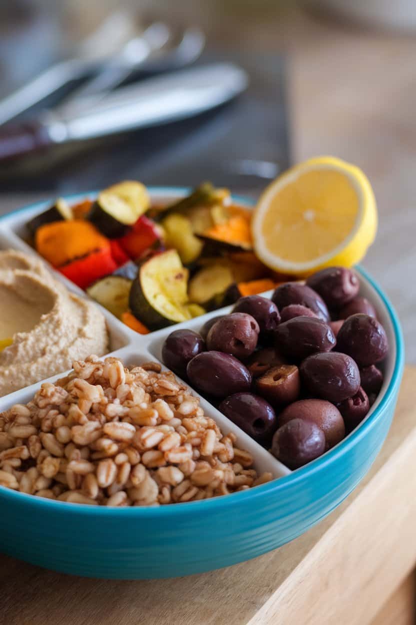 Indoor tabletop showing a bowl divided into sections of cooked farro, roasted vegetables, hummus, olives, and a lemon wedge. Soft overhead lighting, no text or logos.