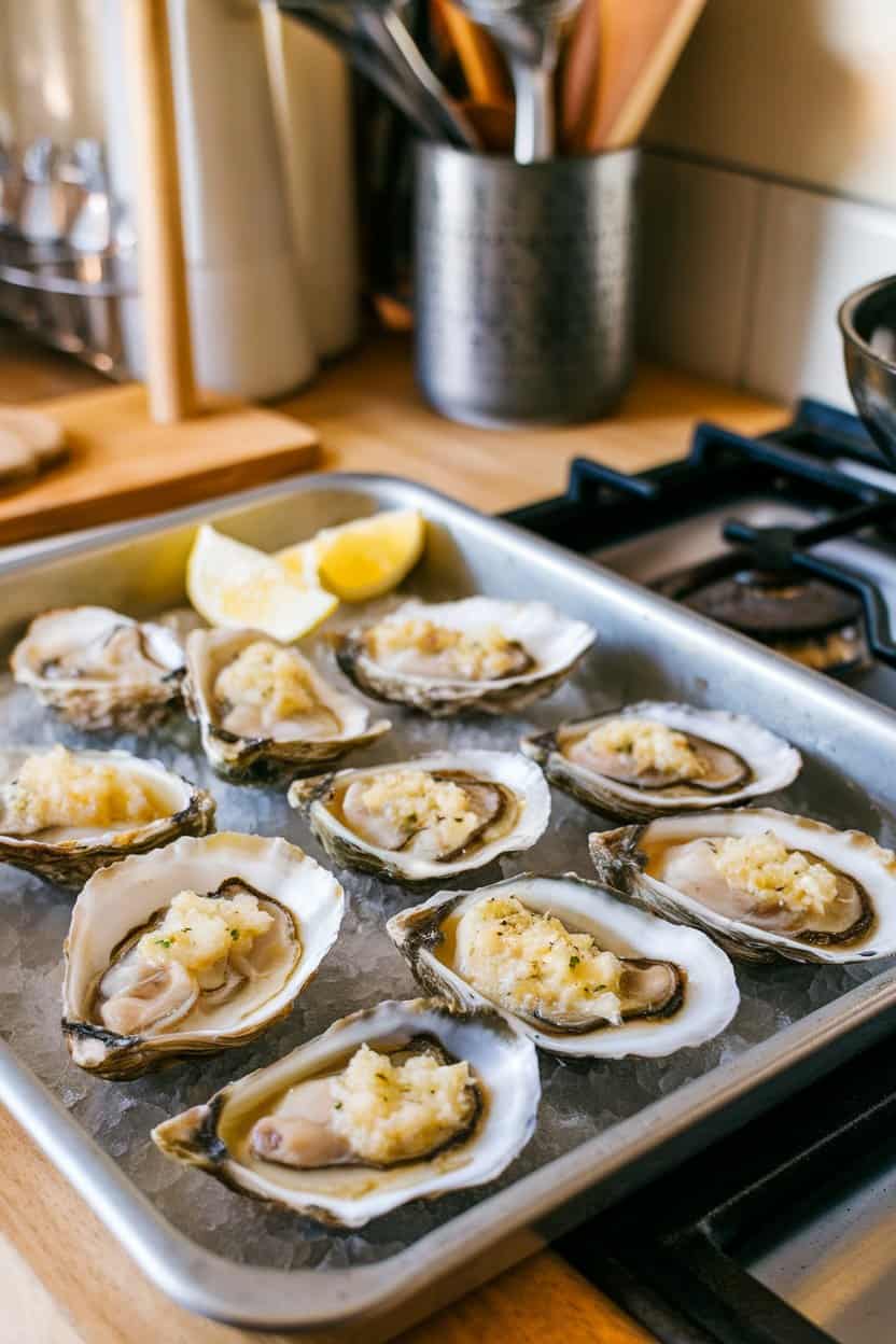 An indoor kitchen counter scene with a tray of cooked oysters on the half shell topped with bubbling garlic-Parmesan butter, lemon wedges nearby. No text or logos; photo.