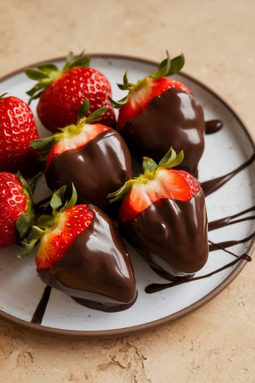 Indoor photo of a plate of ripe strawberries half-dipped in glossy dark chocolate, chocolate hardened; no text or logos present.