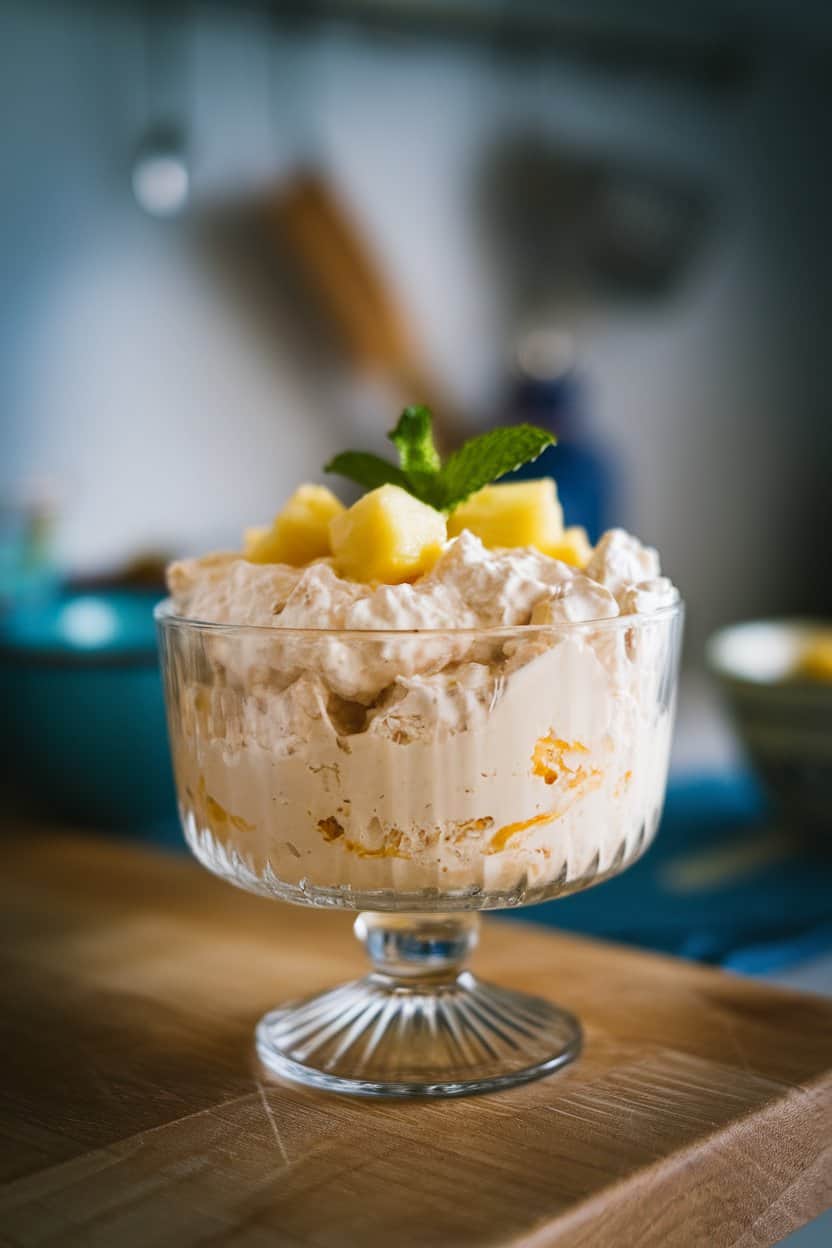 Indoor photo of a glass bowl filled with creamy cottage cheese topped with pineapple chunks and a mint sprig; no text or logos in scene.