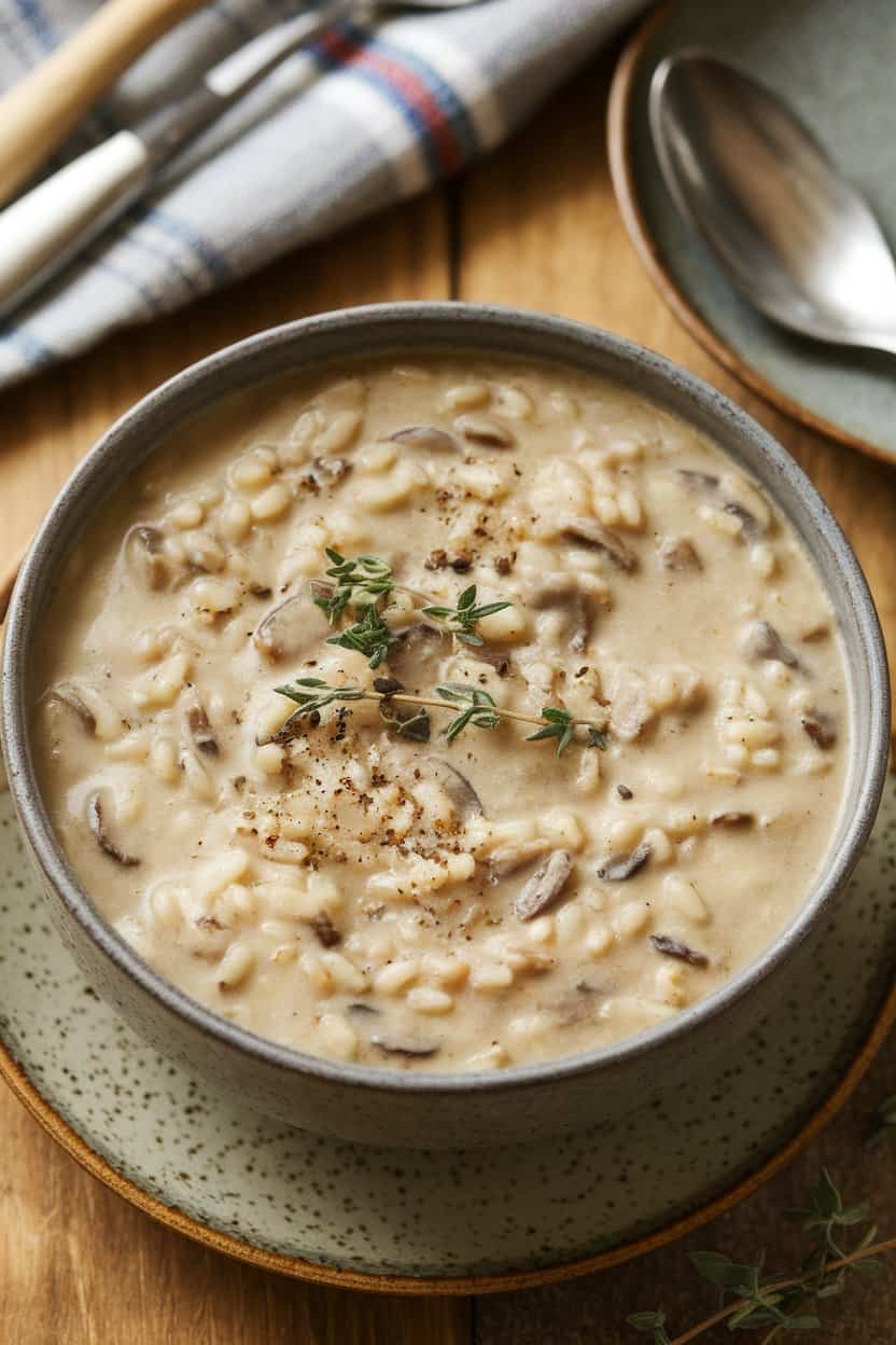 Indoor photo of creamy wild rice and mushroom soup in a deep soup plate, garnished with thyme leaves and cracked pepper. No text or logos.