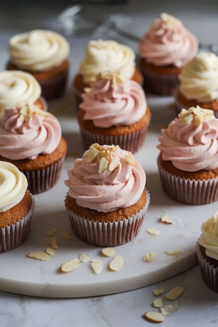 An indoor marble slab with almond cupcakes swirled in pale pink raspberry buttercream and sprinkled with toasted almond flakes. No text or logos.