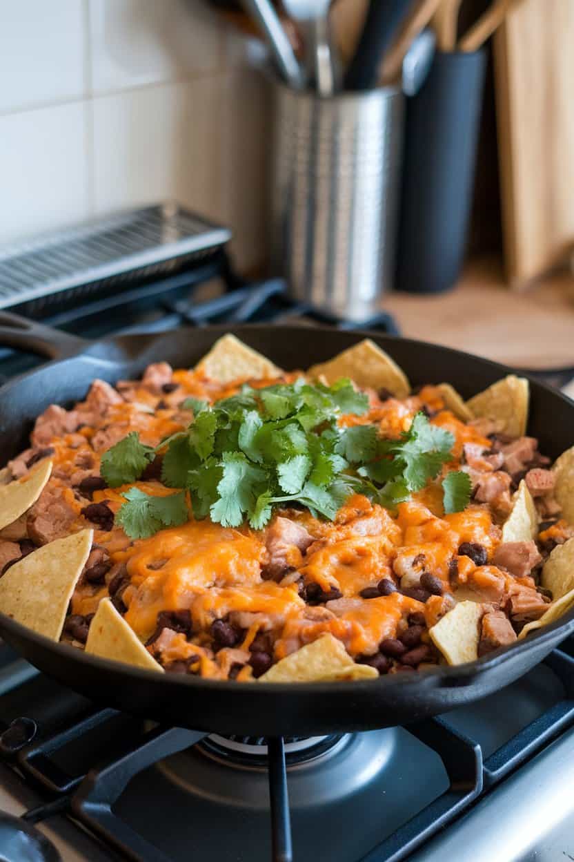 Indoor stovetop view of a skillet brimming with broken corn tortillas, turkey, black beans, and melted cheese, garnished with cilantro. No text or logos.