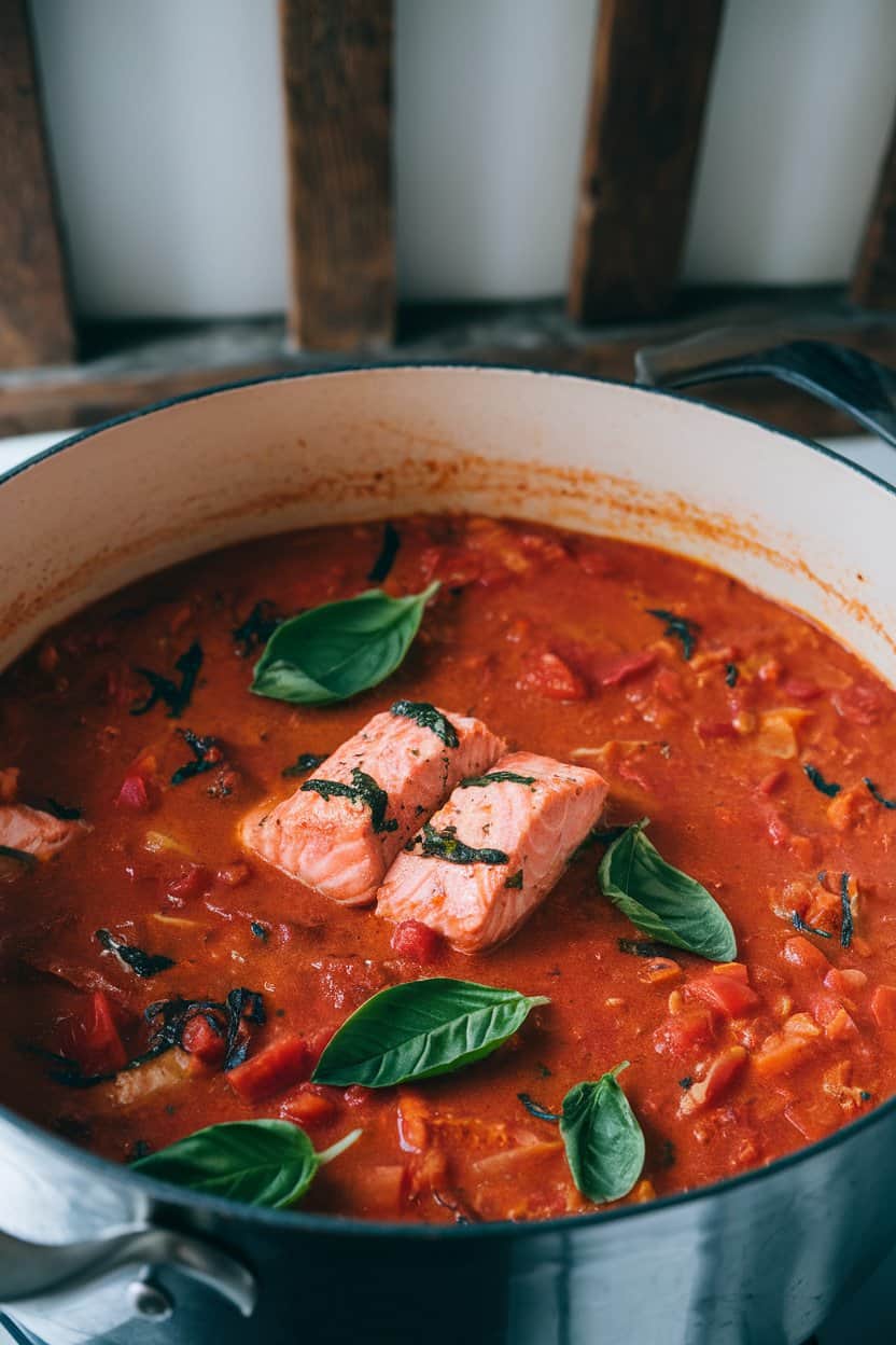 Photo of an indoor pot of chunky tomato stew with salmon pieces and basil leaves floating on top. No text or logos anywhere.