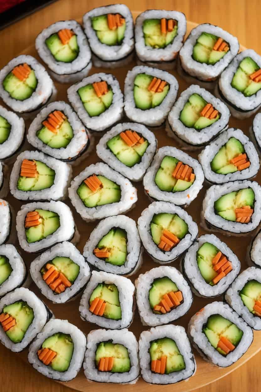 Indoor photo of neatly sliced cucumber sushi rolls filled with avocado and carrot sticks, served on a sushi board; overhead angle, no text or logos
