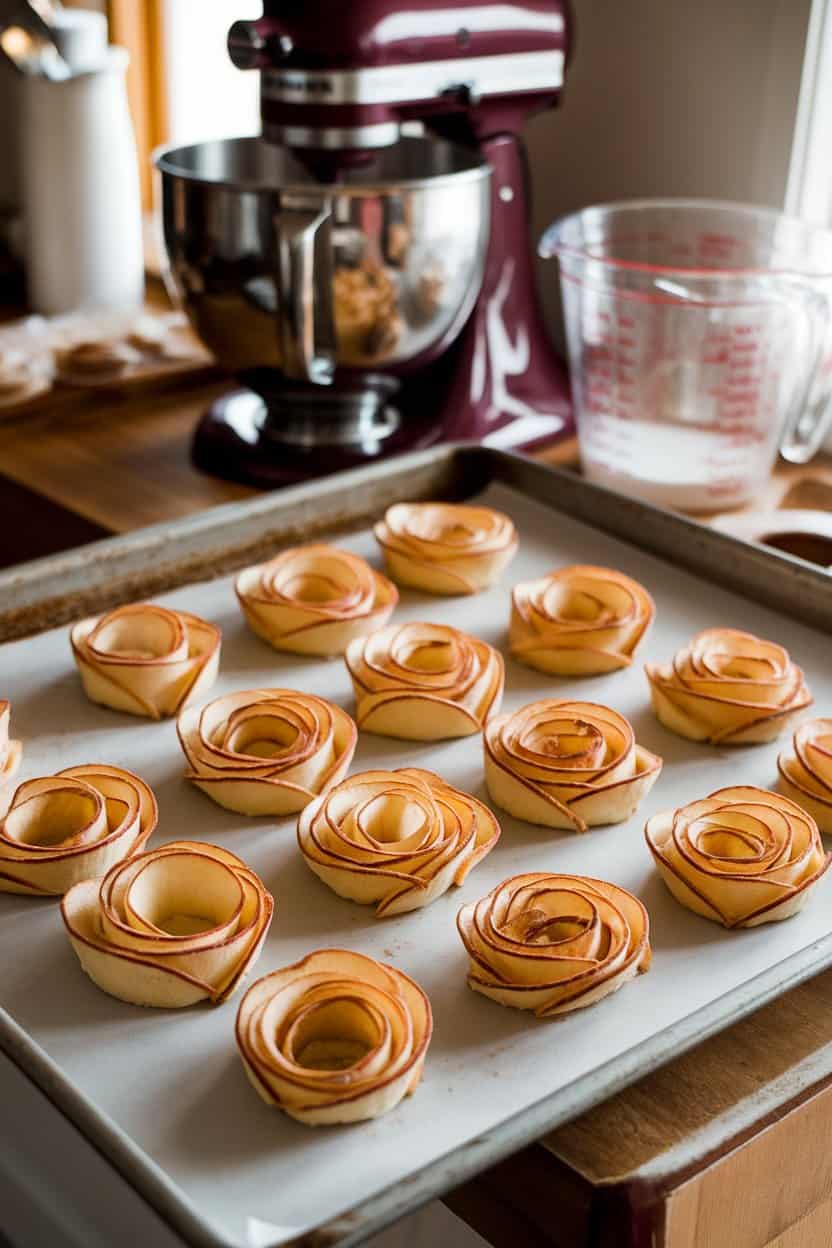 An indoor baking sheet holding delicate pastry roses made from thin apple slices dusted with cinnamon; warm bakery lighting; no text or logos.