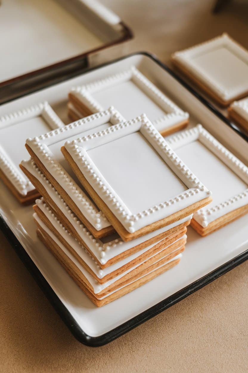 Photo of rectangular cookies with blank white “frames” ready for edible images, stacked on an indoor ceramic tray. No text or logos anywhere.