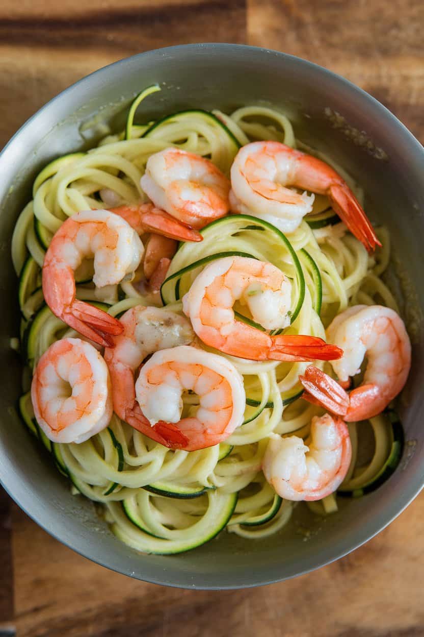 Indoor photo of a shallow bowl piled high with cooked zucchini noodles and shrimp, glistening with garlic-lemon sauce; overhead angle, no text or logos