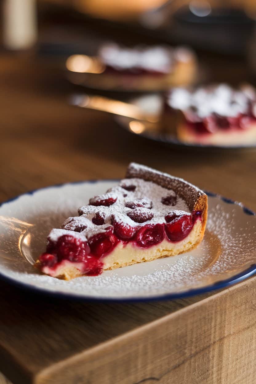 Photo: Slice of cherry clafoutis dusted with powdered sugar on a dessert plate indoors. No text or logos anywhere.