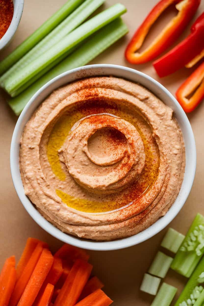 Indoor photo of a bowl of creamy roasted red pepper hummus drizzled with olive oil and sprinkled with paprika; raw veggie sticks nearby, no text or logos