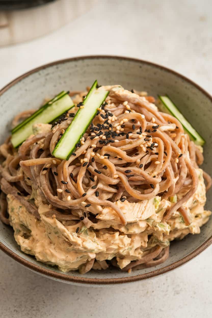 Indoor photo of chicken salad tossed with soba noodles, sesame seeds, and thin cucumber strips, presented in a wide shallow bowl—no text or logos