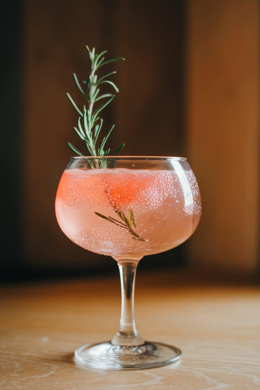 Indoor photo of a coupe glass with blush pink grapefruit soda and a small rosemary sprig upright among bubbles; no text or logos.