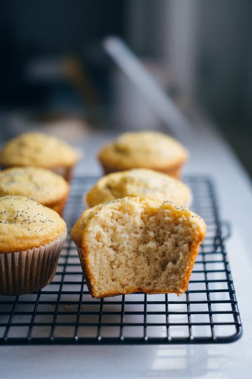 Indoor photo of a wire rack holding freshly baked lemon poppy seed muffins, one split open to show fluffy interior. Bright morning light, no text or logos.
