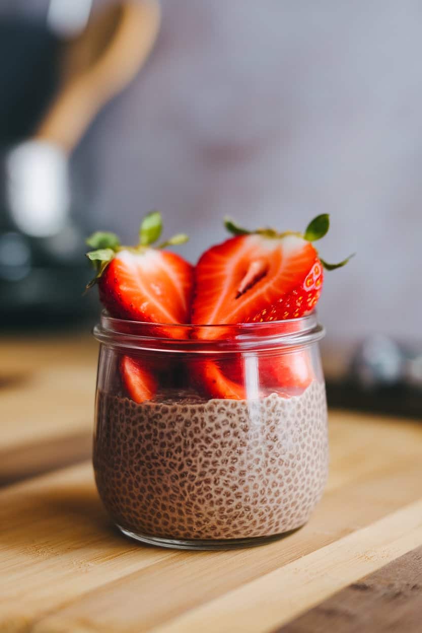 Indoor photo of a small glass jar containing chocolate chia pudding, topped with sliced strawberries; no text or logos