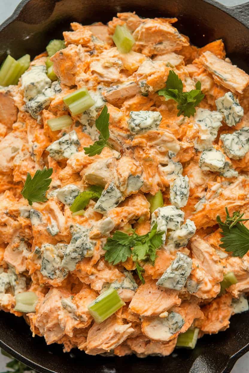 Indoor photo of orange-tinged chicken salad with visible blue cheese crumbles and celery bits, arranged in a small cast-iron skillet—no text or logos