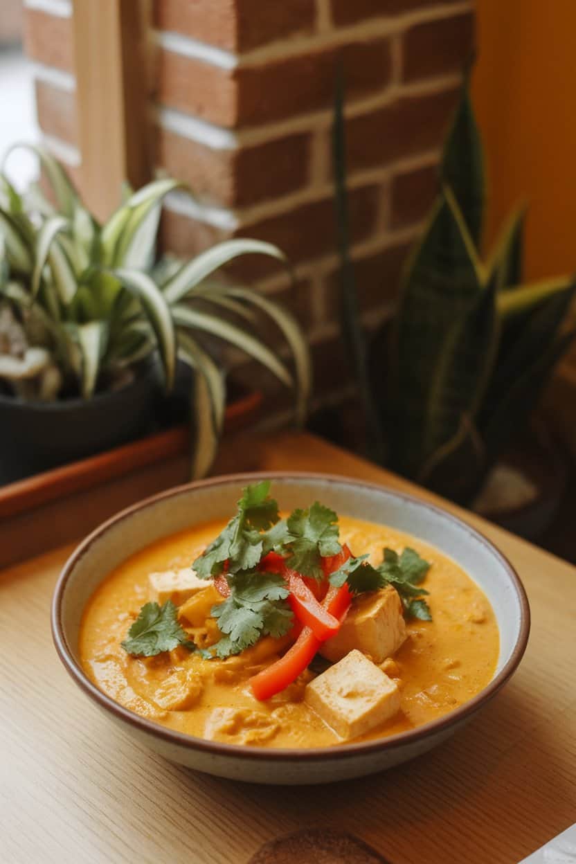 A warm indoor dining nook photo of a bowl of golden coconut curry dotted with tofu cubes, bell pepper strips, and fresh cilantro; no visible text or logos.