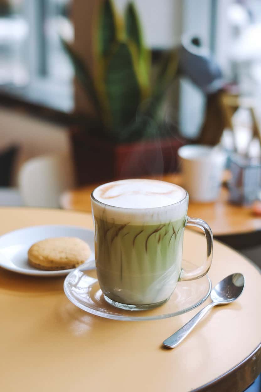Indoor café table with a translucent mug of matcha-earl grey latte, gentle steam rising, no text or logos. Photo