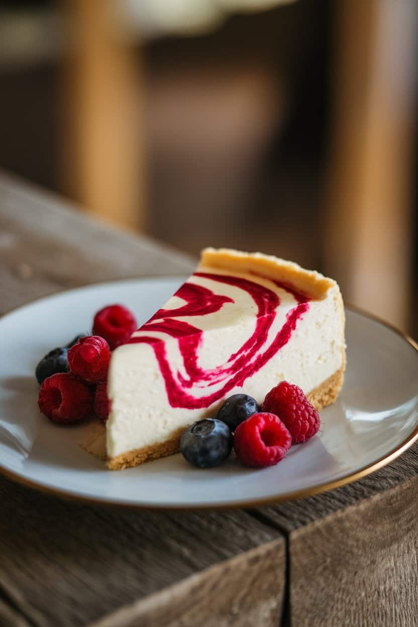 An indoor dessert plate holding a slice of creamy cheesecake with a vivid raspberry coulis swirl and fresh berries on the side. No text or logos; photo, not illustration.