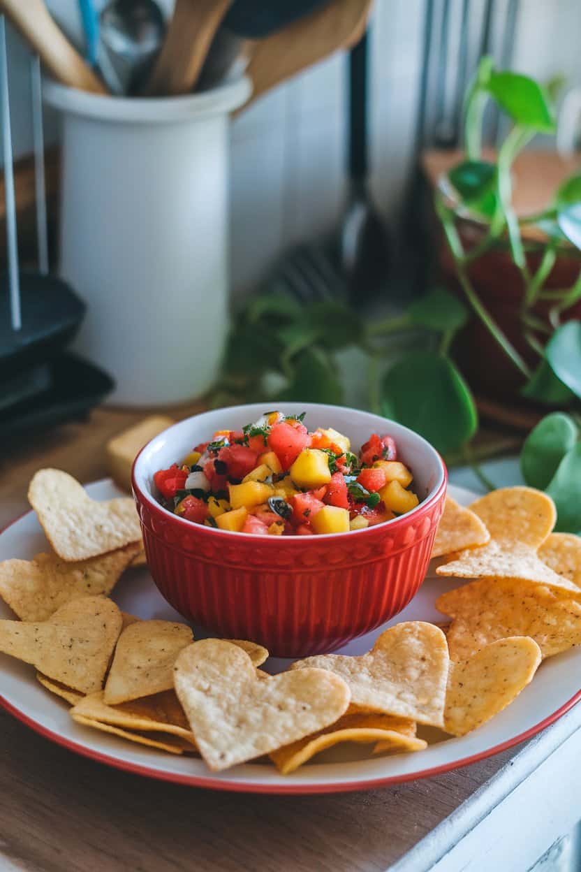 An indoor kitchen serve-ware scene with a red bowl of chunky tomato-mango salsa surrounded by baked heart-shaped tortilla chips. No text or logos.