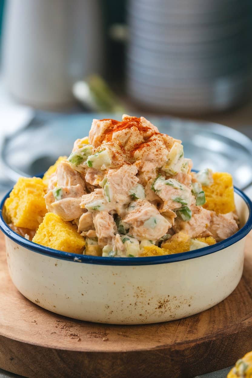 Indoor photo of chicken salad mixed with cornbread cubes and diced jalapeño, displayed in a rustic enamel bowl—no text or logos