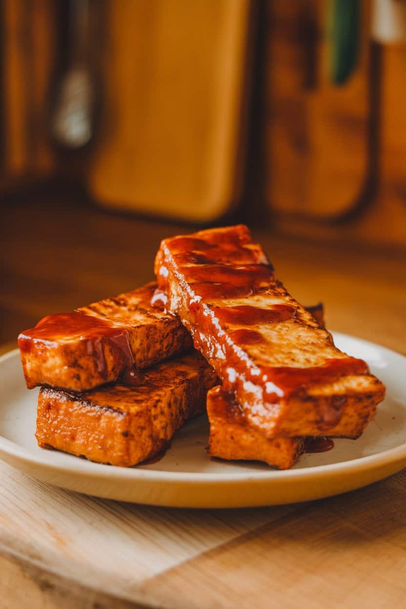 Indoor photo of seared tempeh strips brushed with shiny sweet chili glaze on a white plate; warm kitchen lighting, no text or logos