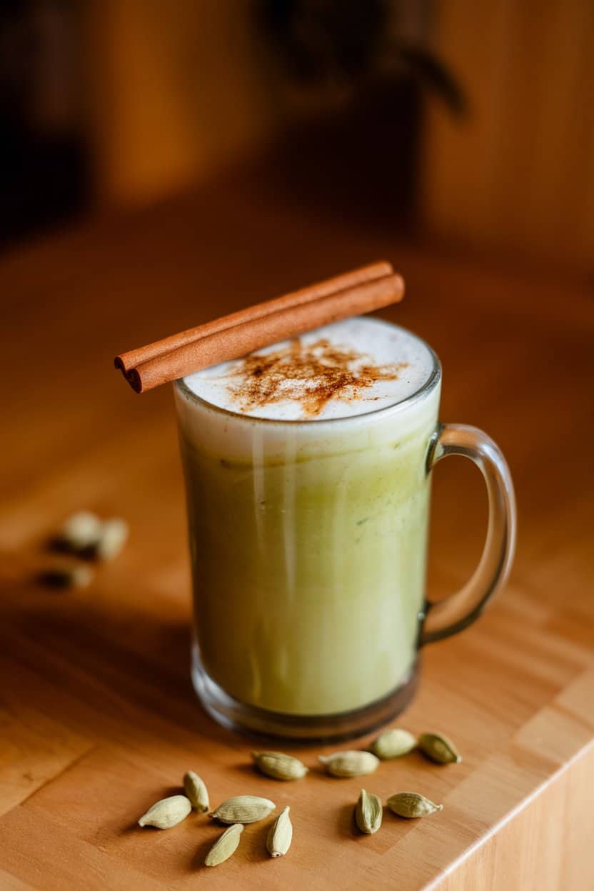 Warmly lit indoor table featuring a tall mug of green chai latte, cinnamon stick resting across rim, cardamom pods scattered, no text or logos. Photo