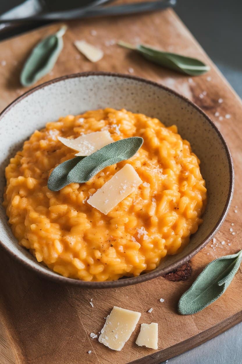 A shallow bowl indoors filled with creamy orange risotto, sage leaves and Parmesan shavings on top, no text or logos.