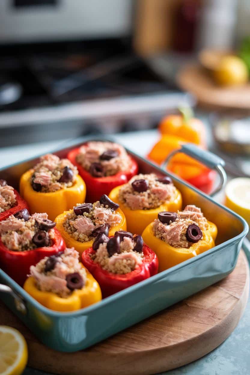 Indoor baking dish holding halved bell peppers stuffed with tuna, olives, and quinoa, lightly browned on top. Photo, no text or logos.