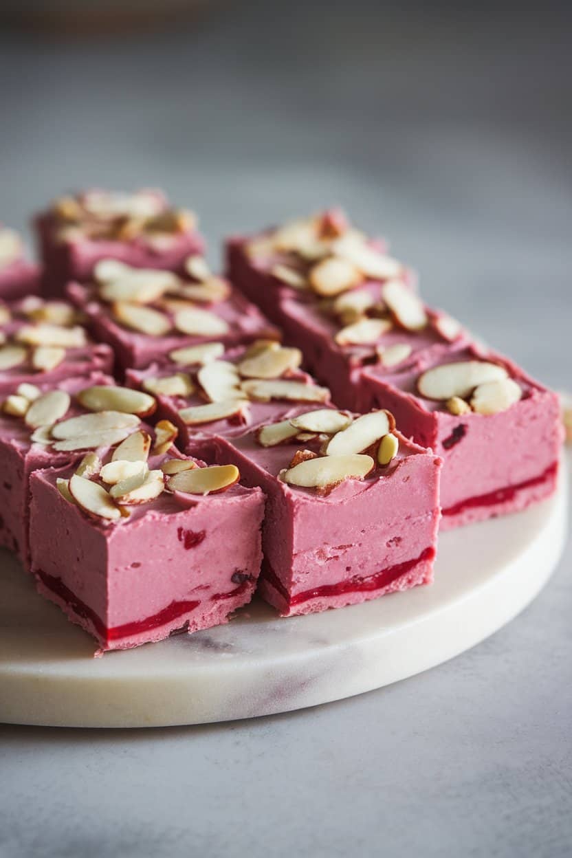 An indoor marble board displaying squares of pink cherry fudge studded with slivered almonds, no text or logos.