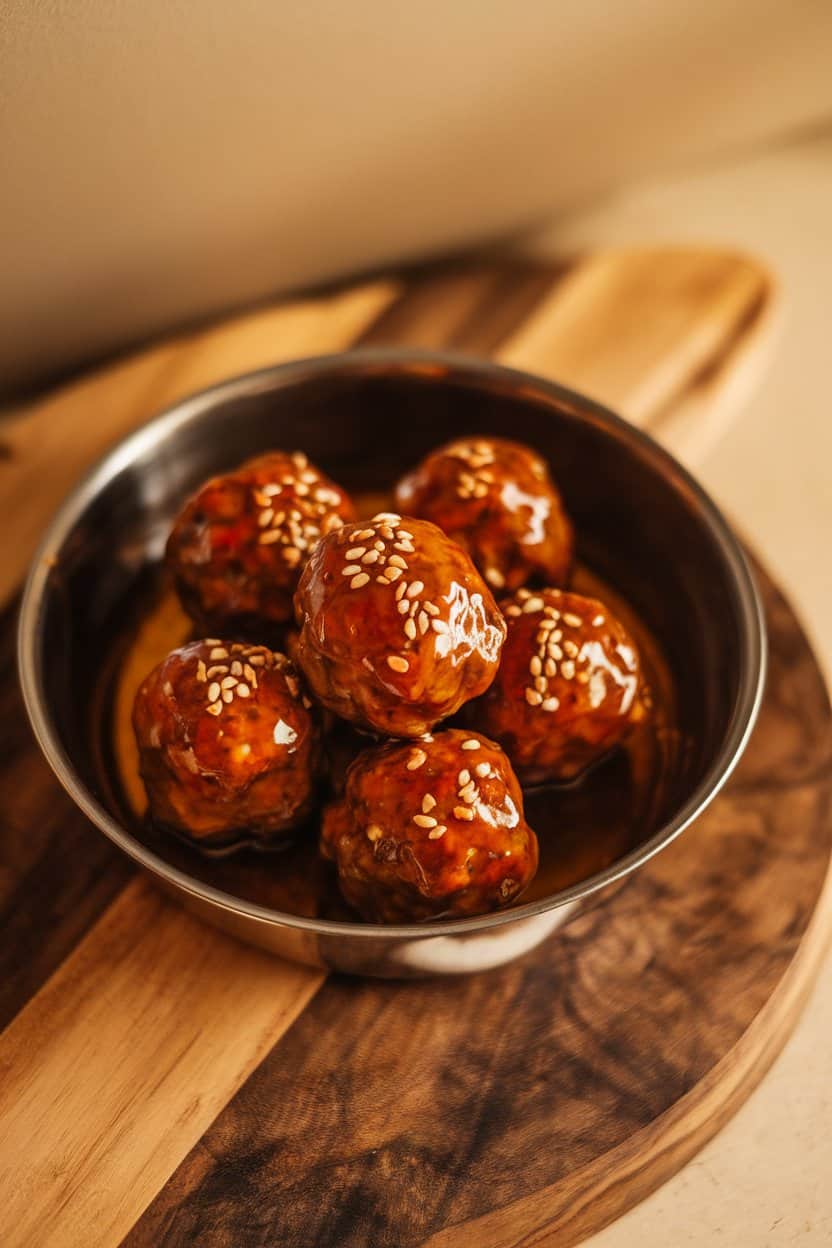Indoor photo showing glazed cocktail meatballs in a shallow serving dish, garnished with sesame seeds—warm overhead light, no text or logos
