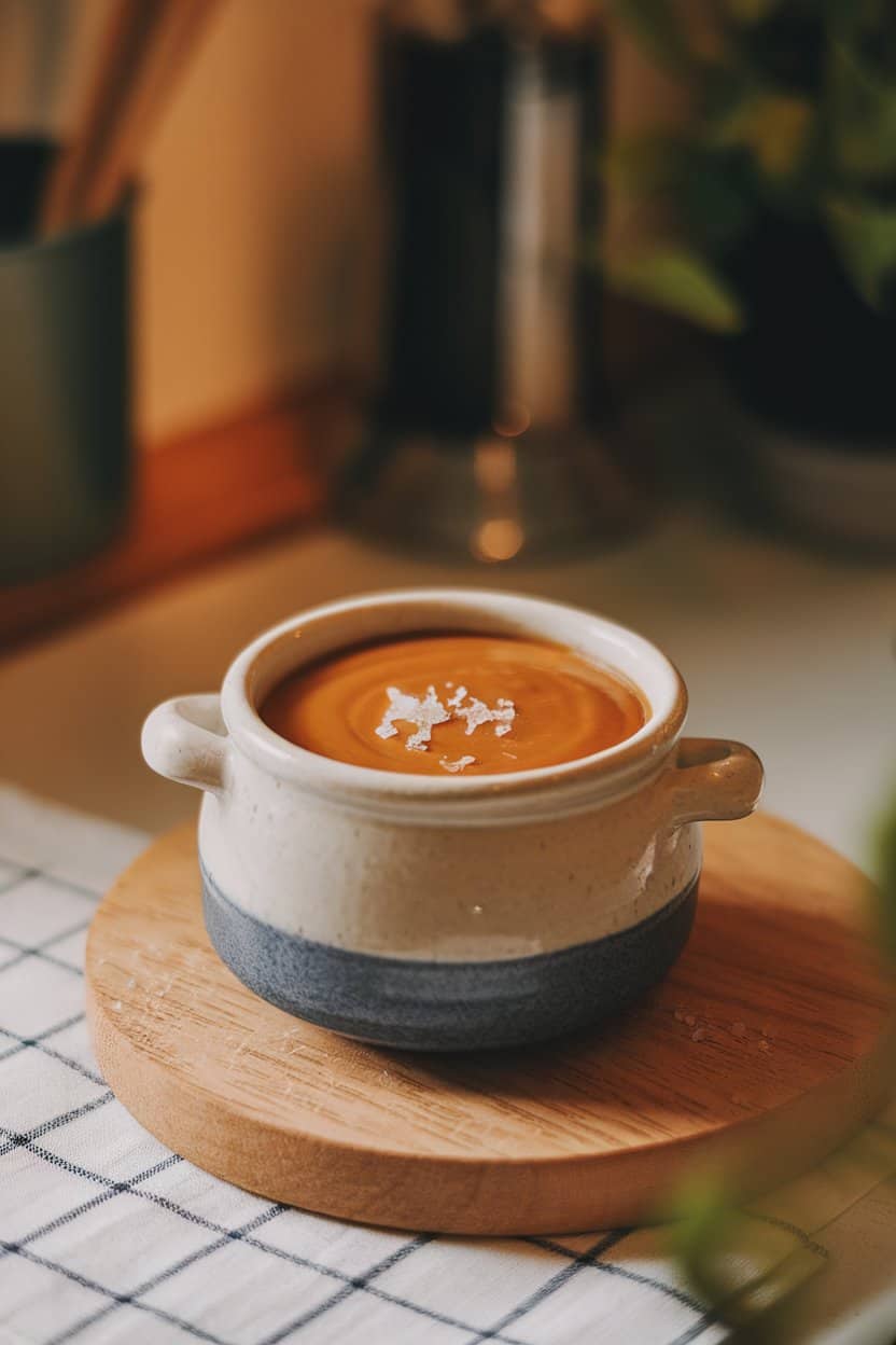 Photo: Small ceramic pot filled with silky caramel custard, garnished with a pinch of flaky sea salt, indoor kitchen table. No text or logos anywhere.