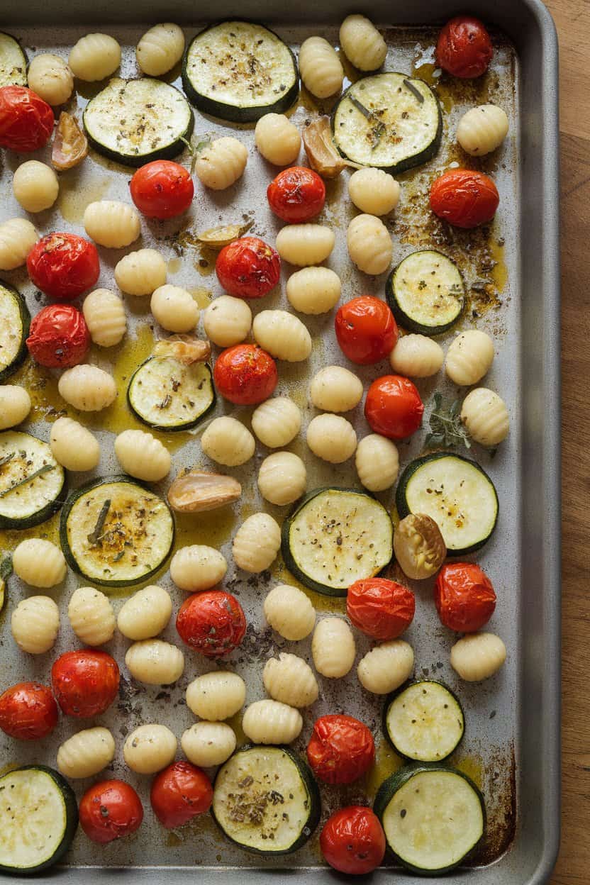 Indoor oven tray with roasted potato gnocchi, cherry tomatoes, and zucchini coins, all slightly caramelized. Photo, no text or logos.
