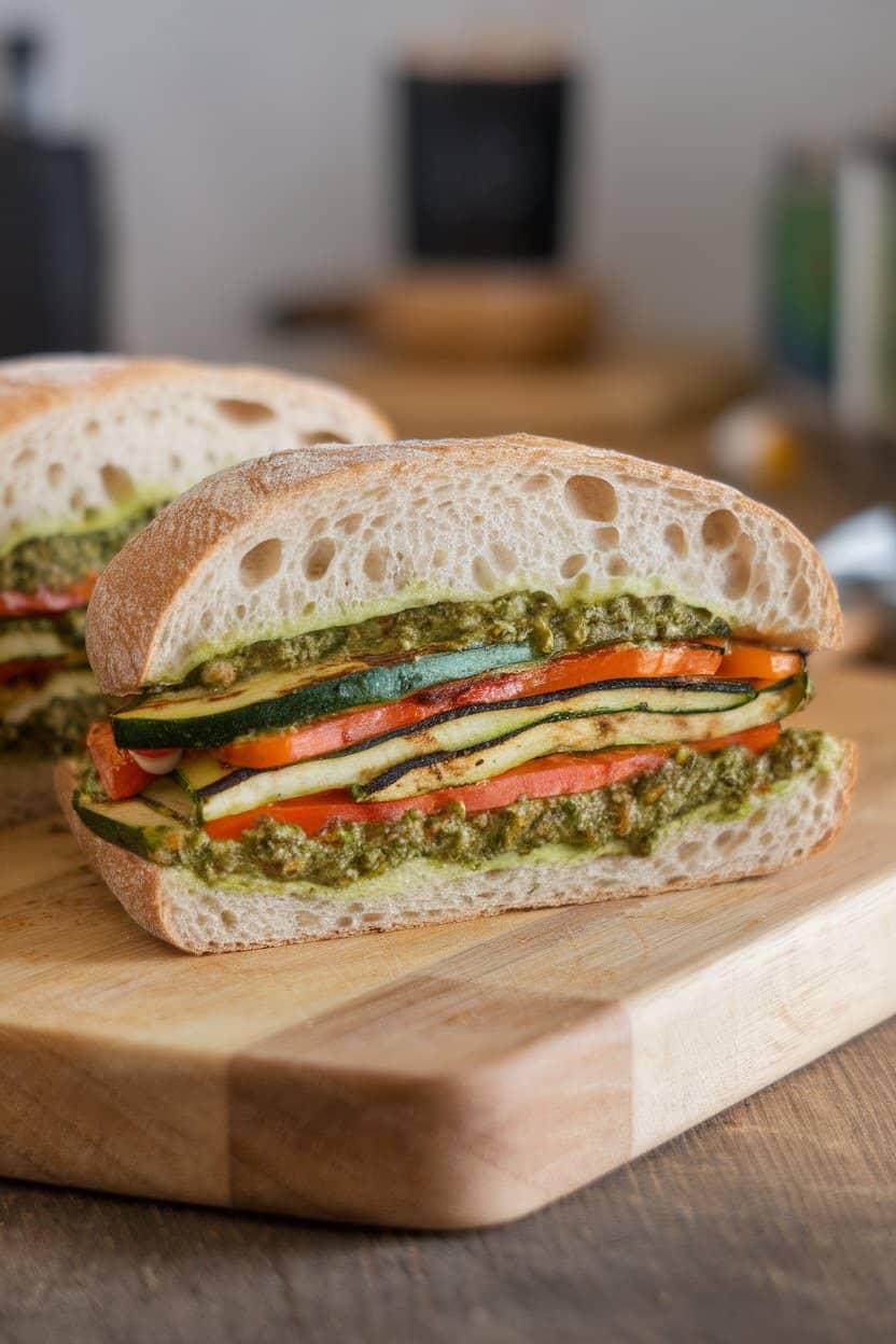 Photo of an indoor cutting board holding a ciabatta sandwich stuffed with grilled zucchini, bell pepper, and green chimichurri sauce. No text or logos anywhere.
