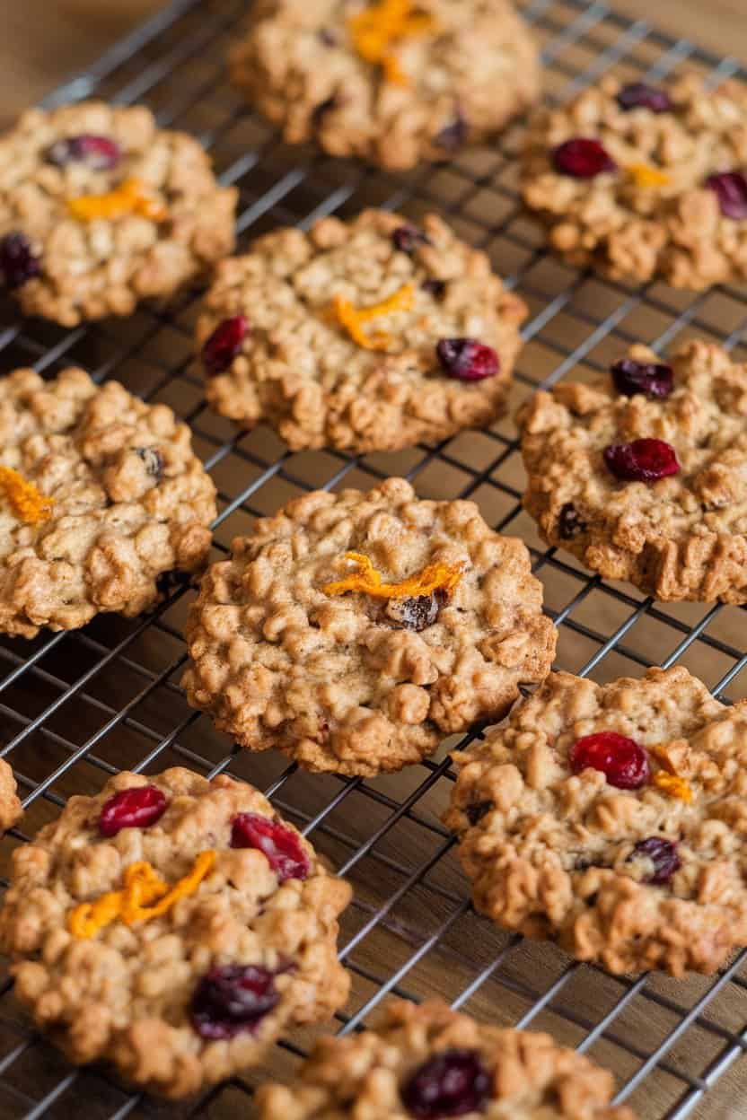 An indoor cooling rack filled with rustic oatmeal cookies studded with cranberries and orange zest. Soft warm lighting; no text or logos.